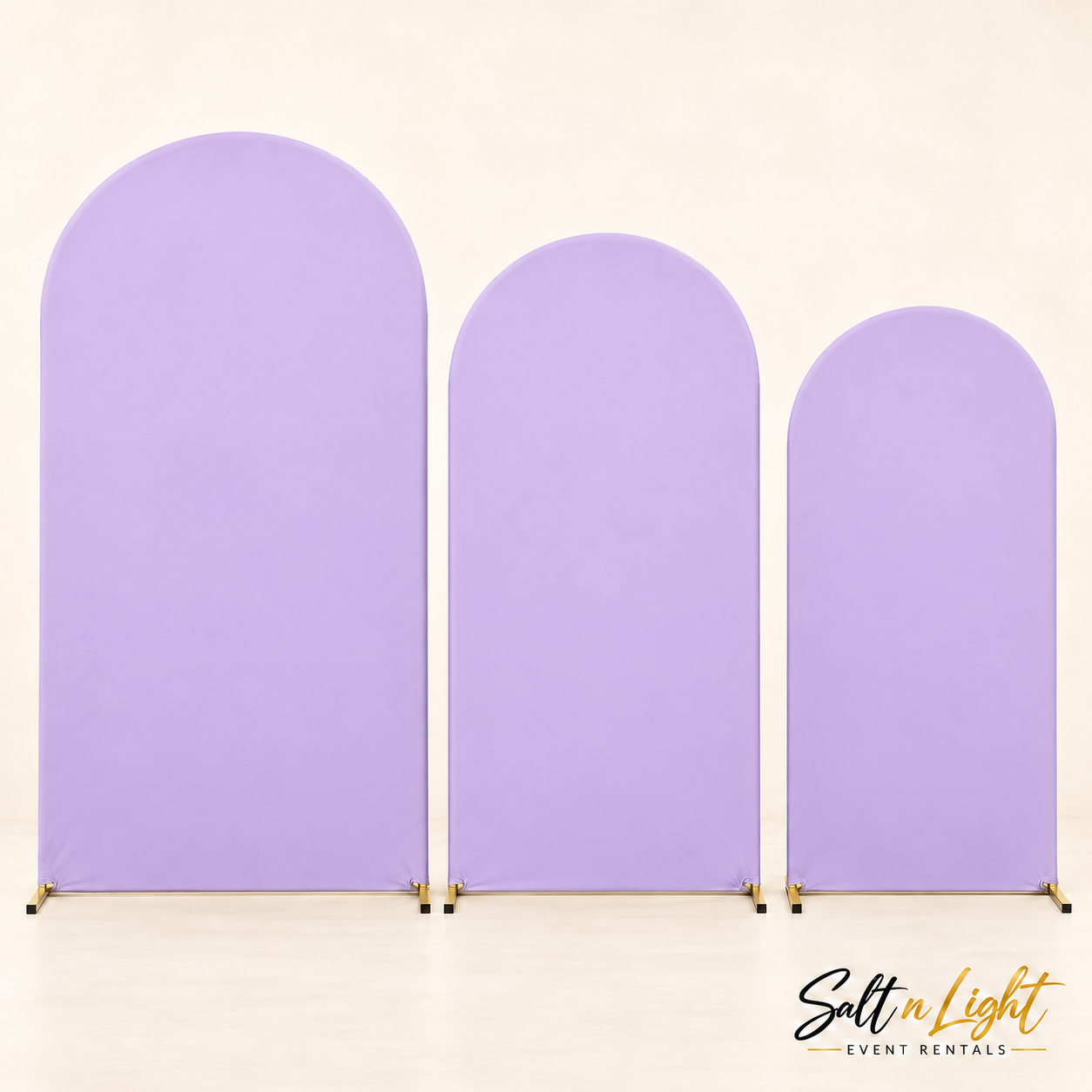 Three gold arch panels with all Lavender facing covers