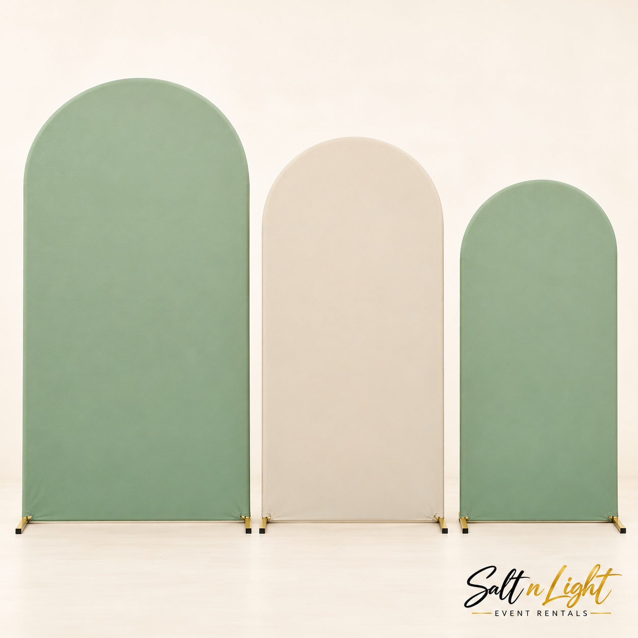 Three gold arch panels with Sage Green, Beige and Sage Green reversible covers