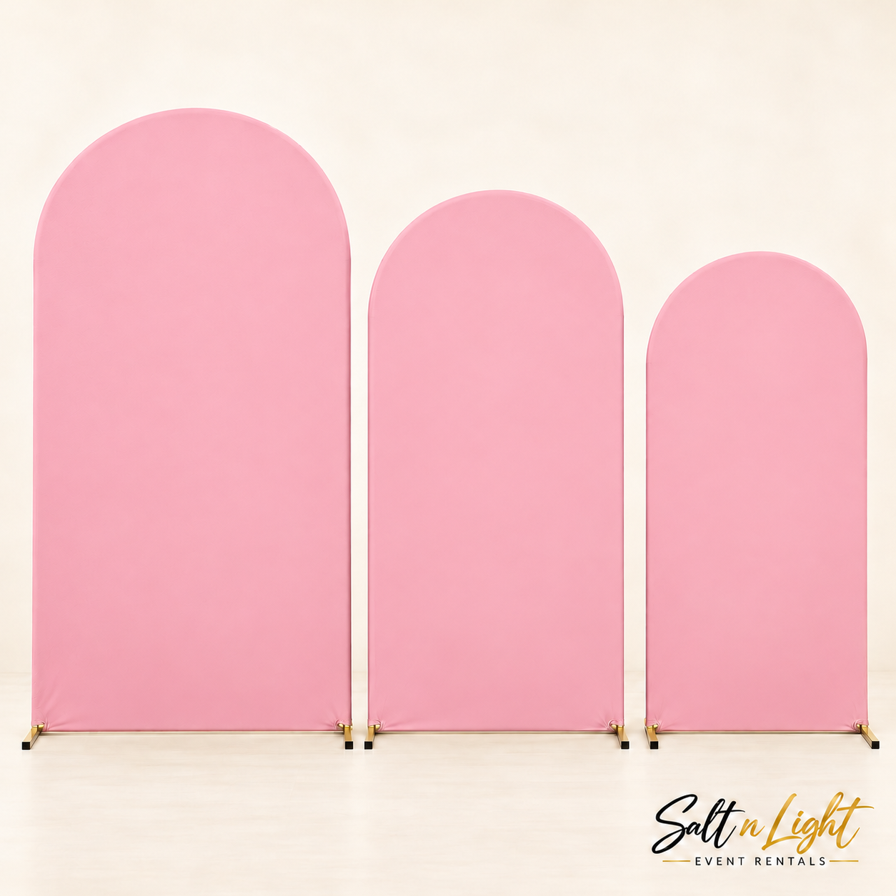 Three gold arch panels with all Pink facing covers