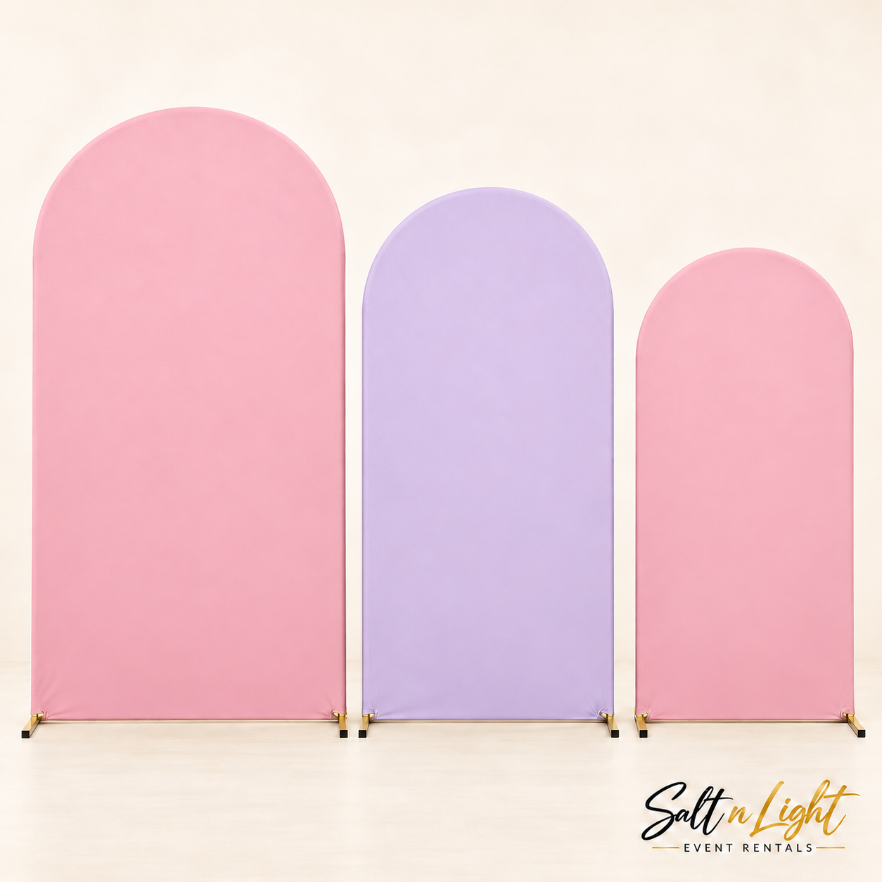 Three arch panels arranged Pink, Lavender and Pink