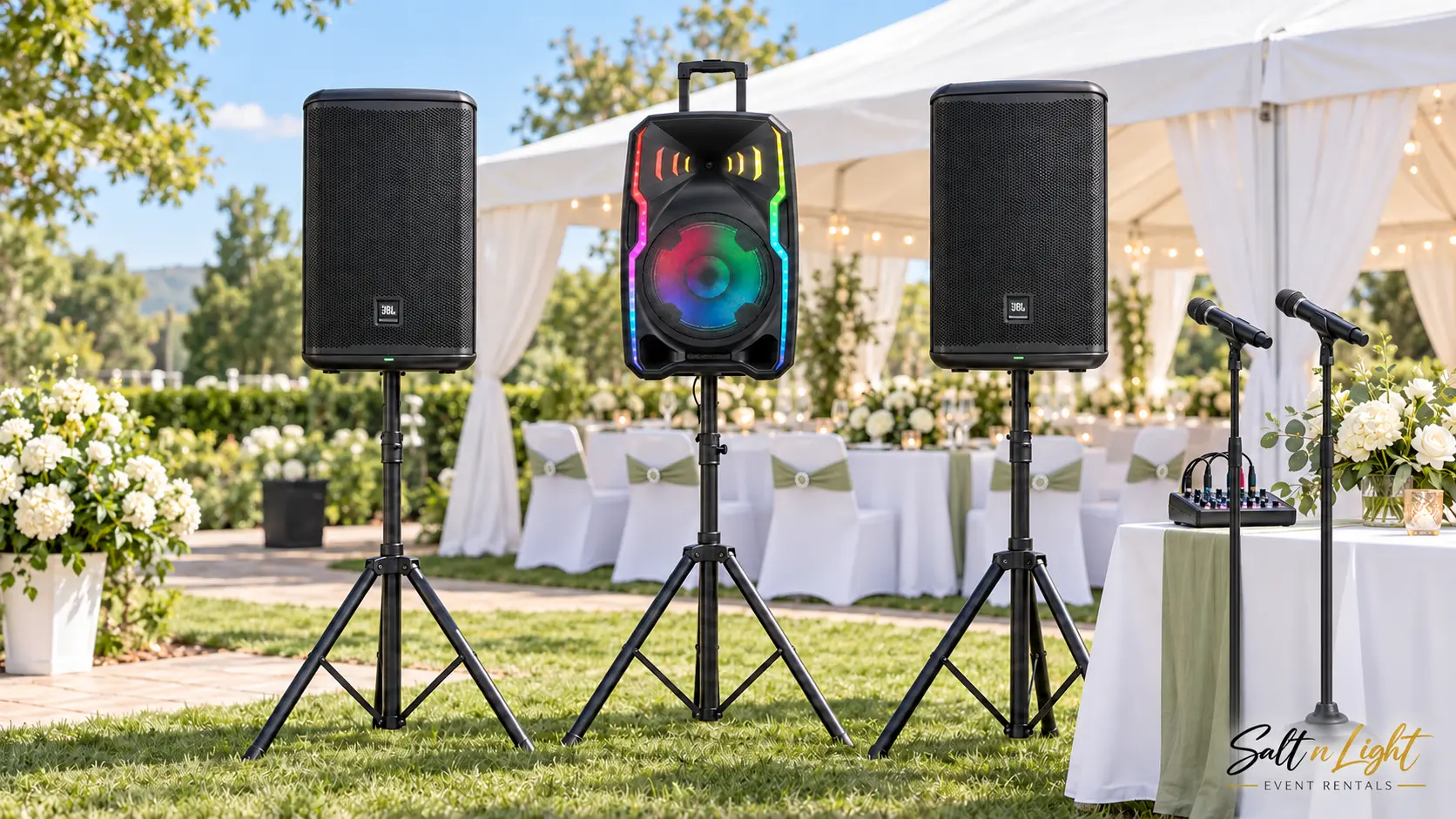 Portable event speaker and microphone being used for karaoke