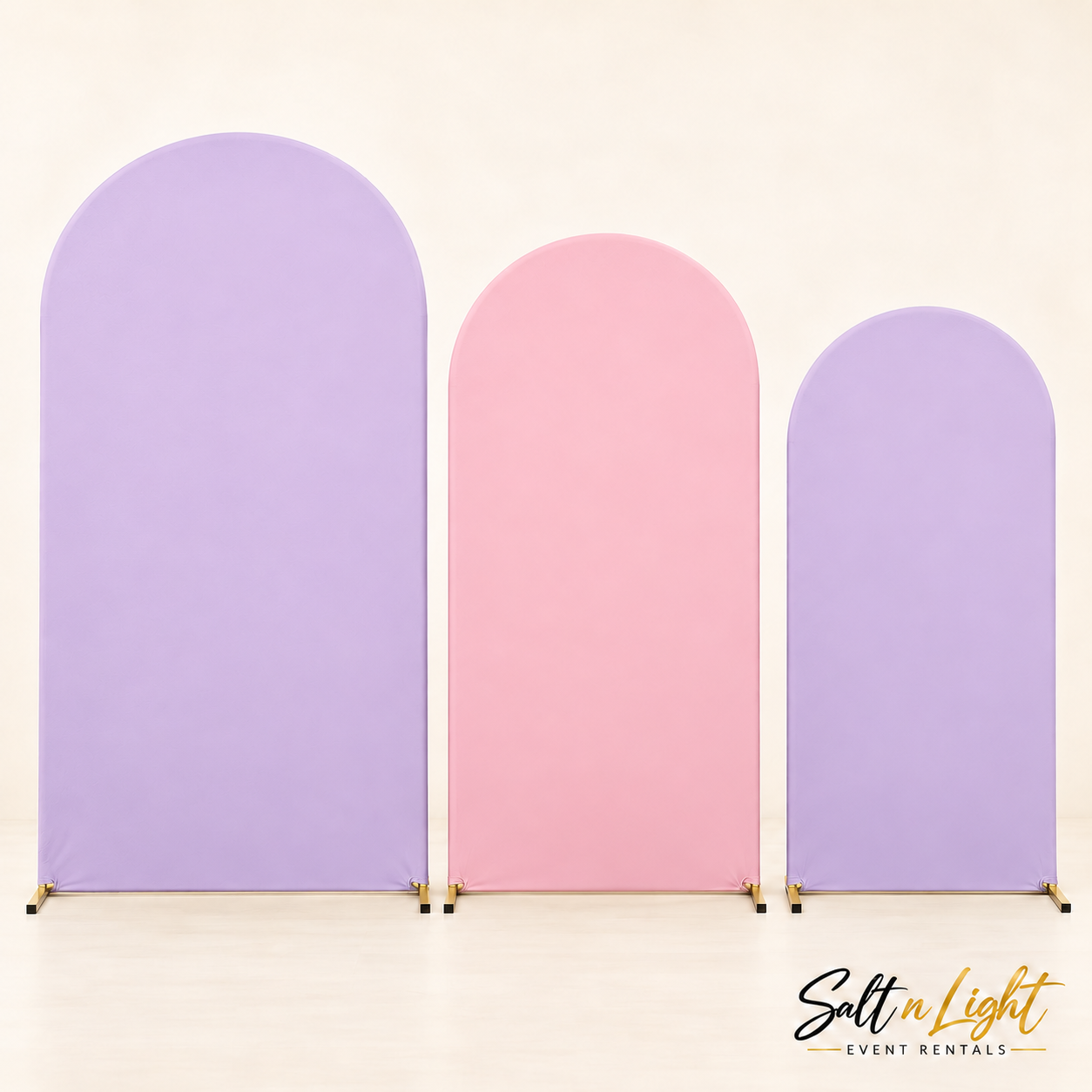 Three arch panels arranged Lavender, Pink and Lavender