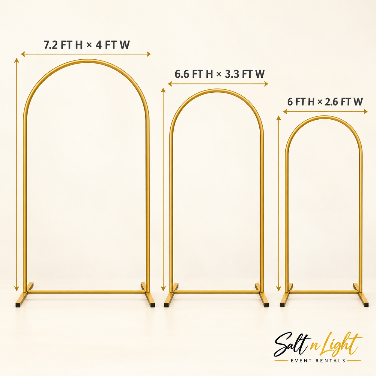 Dimensions of large, medium and small gold arch backdrop frames