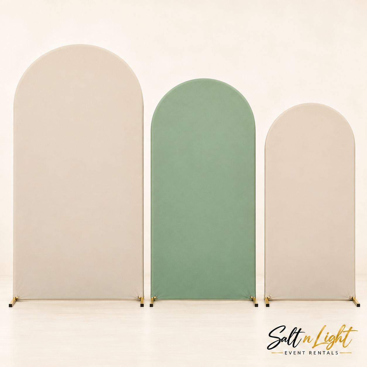 Three arch panels arranged Beige, Sage Green and Beige