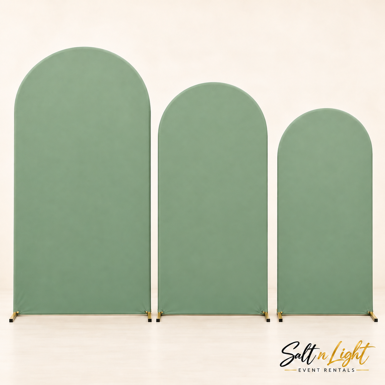 Three gold arch panels with all Sage Green facing covers