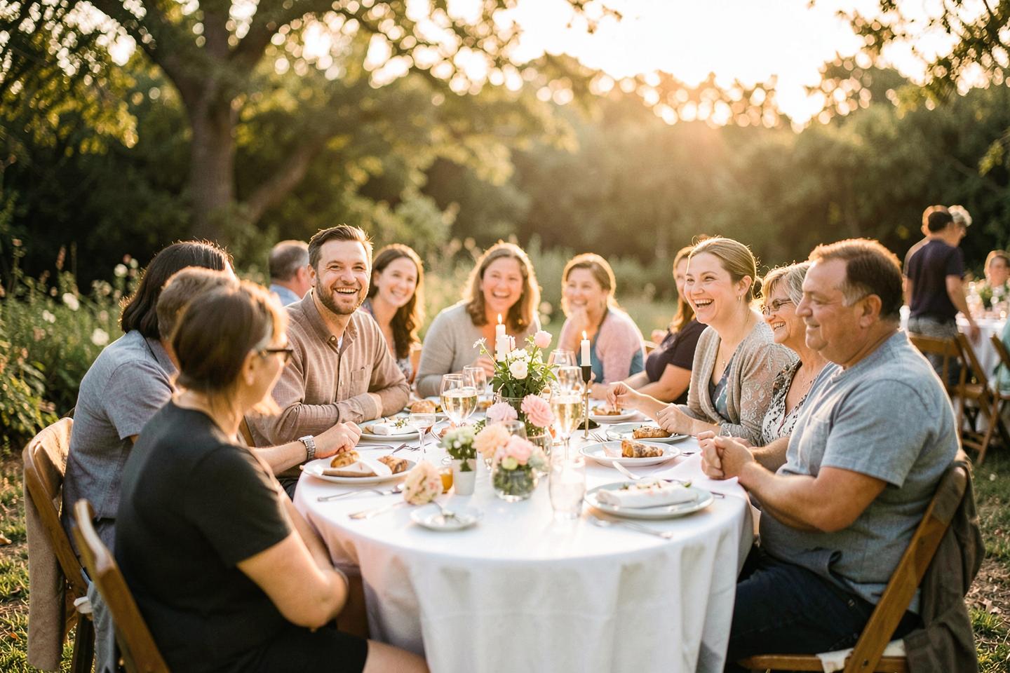 Guests gathered around a table at an outdoor celebration