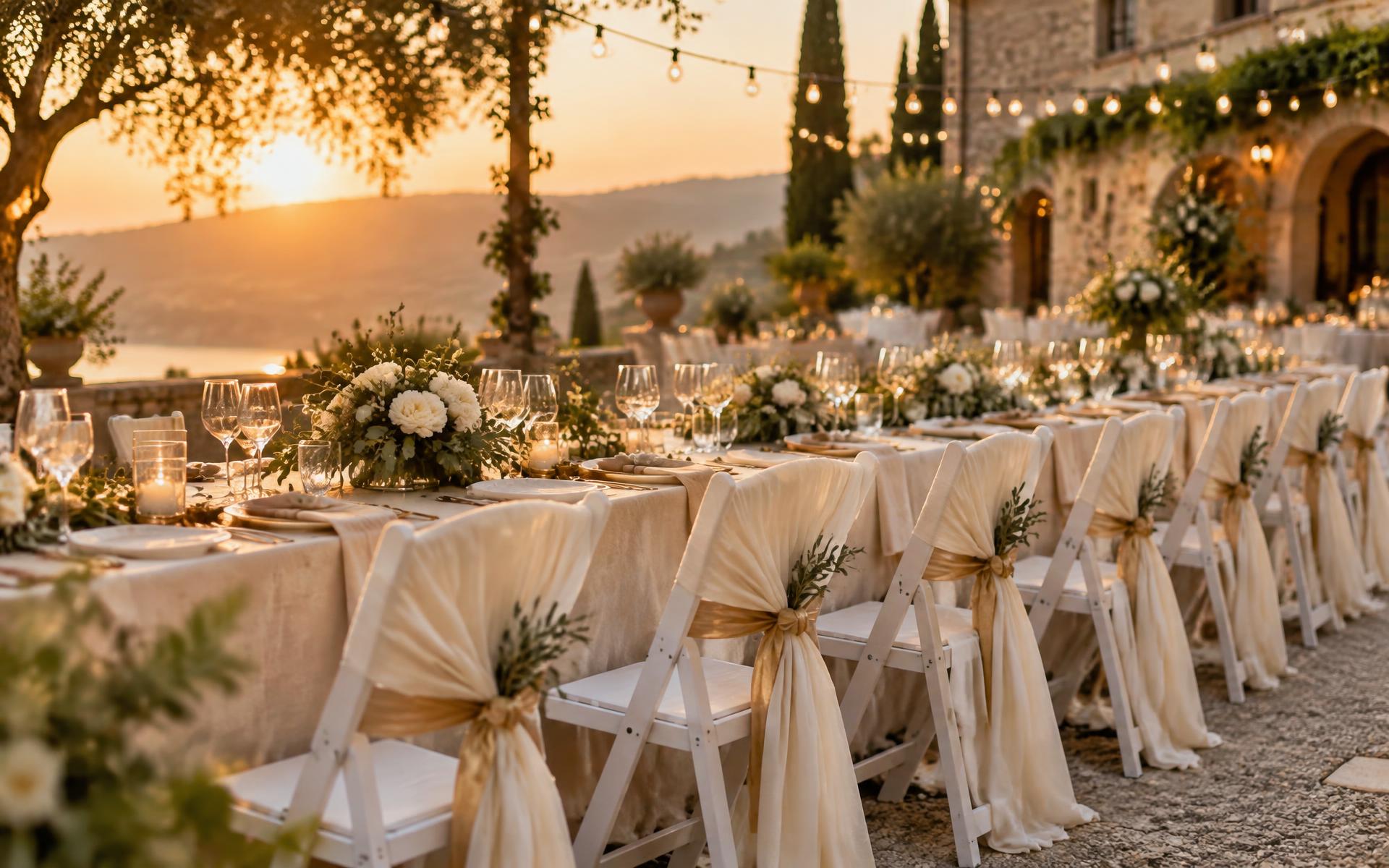 Event table setting with white chairs and gold sashes